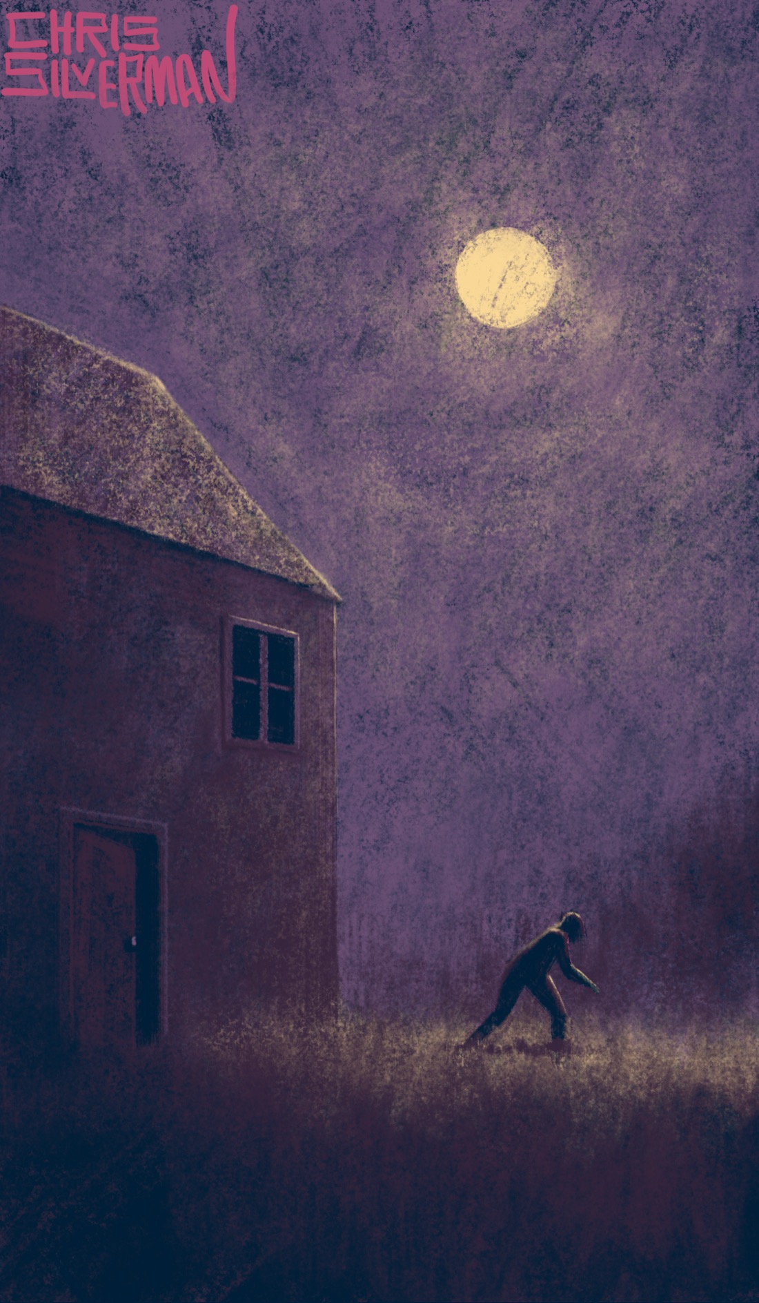 A large, dark house dimly lit by an orange full moon in a dull purple sky. The door to the house is ajar. Stalking away from it, across the orange-illuminated grass, is a dark, shambling figure. Behind the figure is a blurry treeline. The painting is signed "Chris Silverman".
