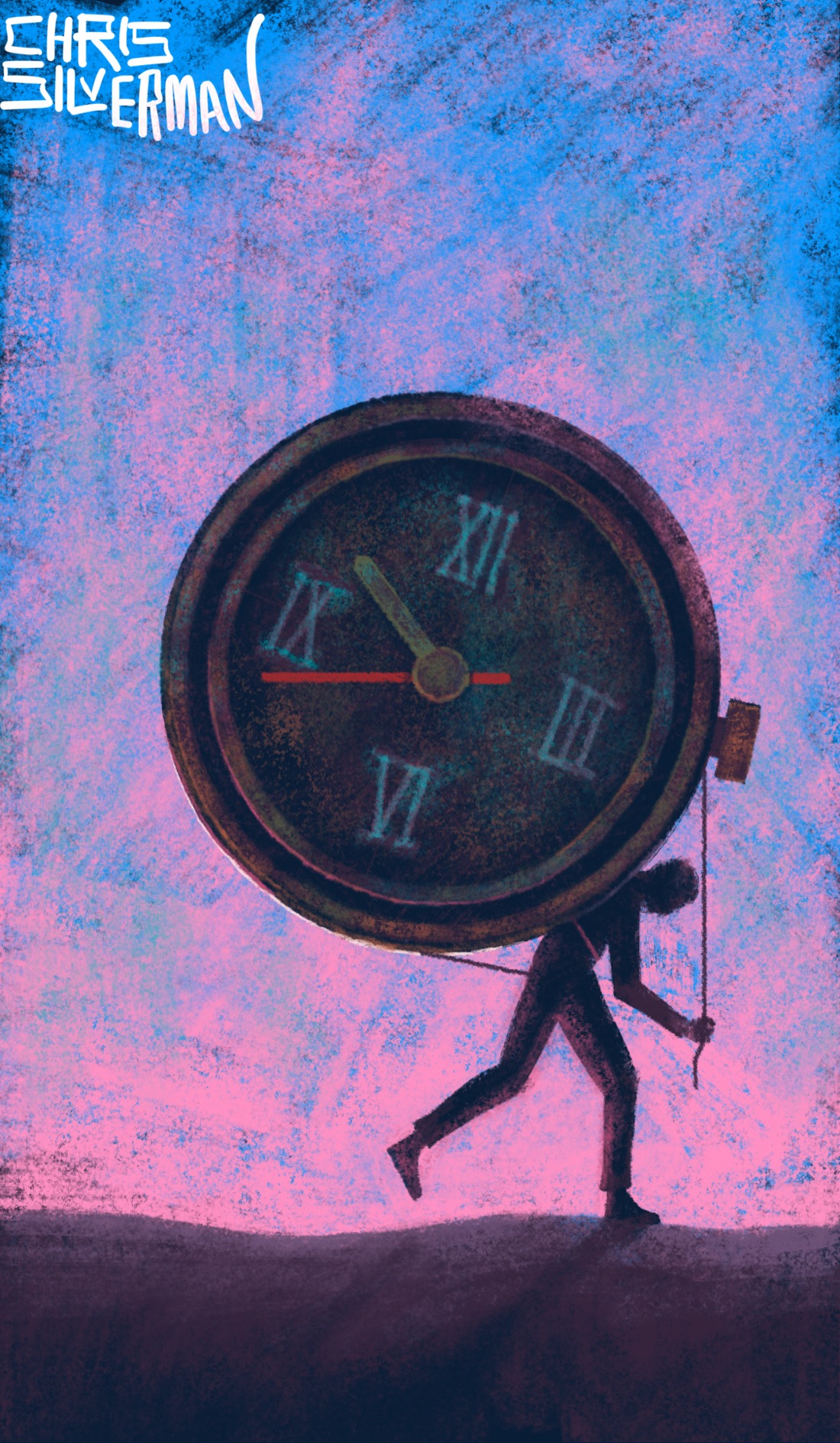 A person walks in a remote area, carrying a giant rusty watch on their back. The watch is made of heavy iron and has four Roman numerals printed in tarnished-copper green. Behind the person, the sky is blue, with pink on the horizon. The painting is signed "Chris Silverman".