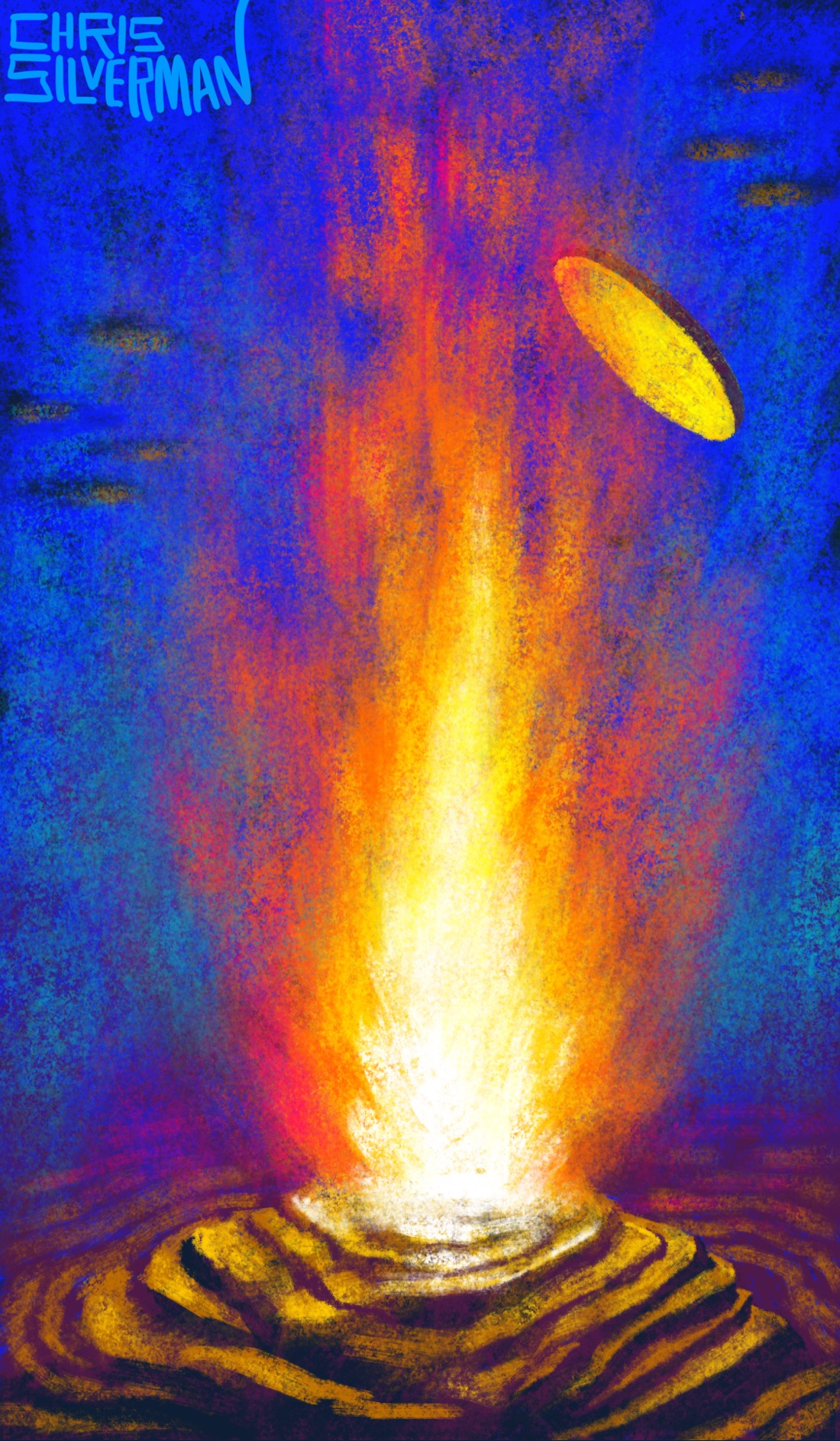A gigantic yellow flame erupts from a rocky, terraced base. The flame is white at the center and red around the edges. Behind it is a blurry blue background; the presence of dark, shiny fish shapes suggests it is under water. A large round metal cover is hurled back from the flames. The painting is signed "Chris Silverman".