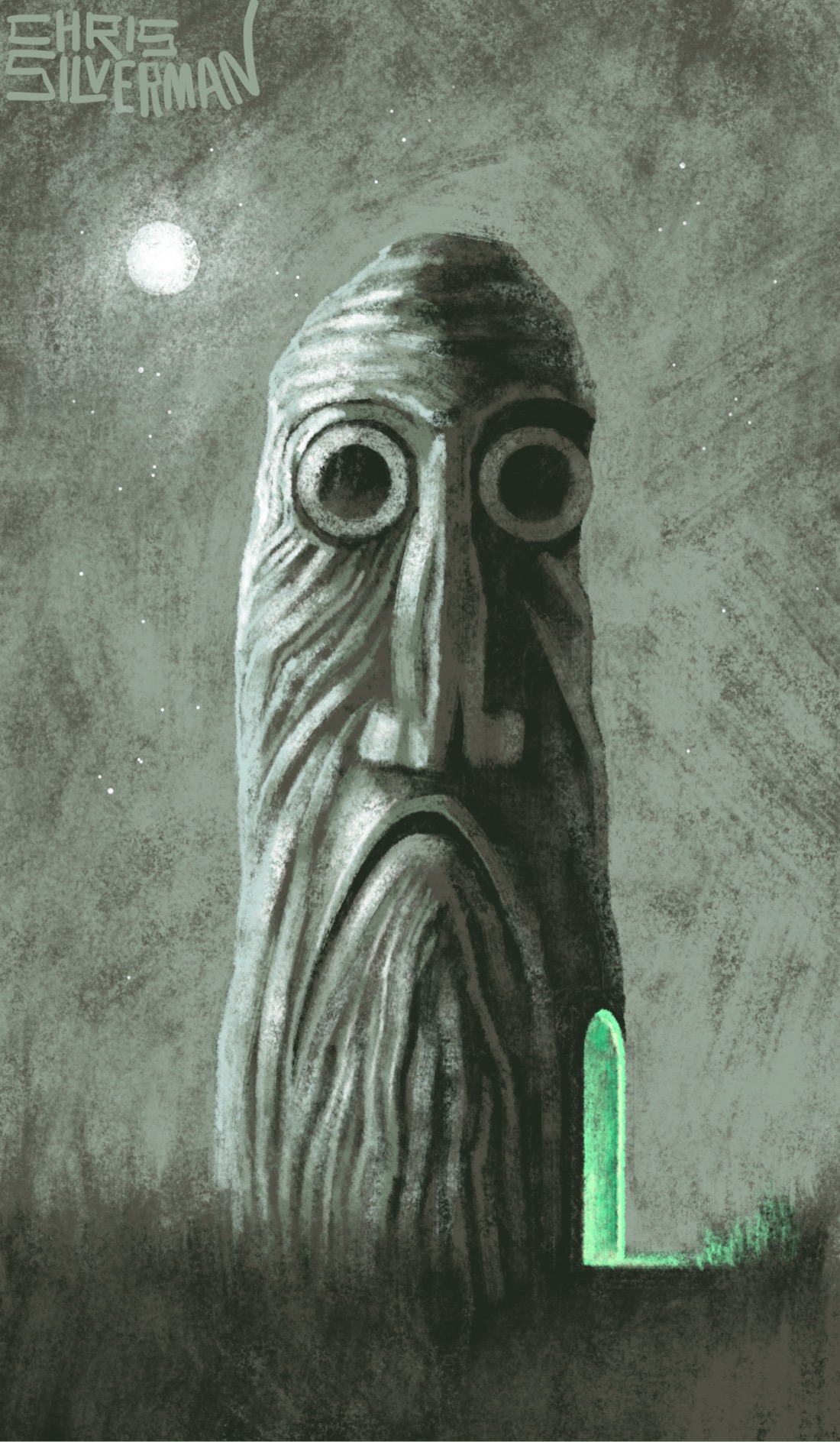 A tall stone obelisk with a bearded craggy face, deep frowning mouth, and empty eyes. The sky is gray, and scattered with white stars. A full moon illuminates the obelisk on the left. On its right side is an open doorway, glowing green. The painting is signed "Chris Silverman".