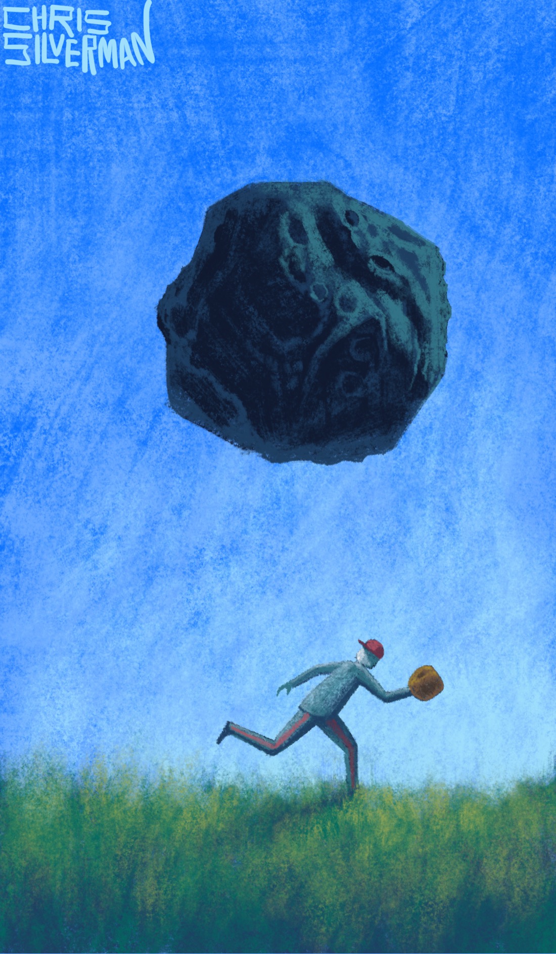 A baseball player wearing a red cap and a catcher's mitt races across a green meadow under a blue sky. The projectile they are trying to catch is an asteroid larger than they are, dropping down out of the blue. The painting is signed "Chris Silverman".