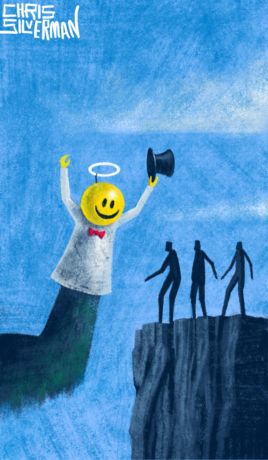 A group of people stand on a dark cliff under a slightly cloudy blue sky, staring at an apparition in front of them: a puppet with a white robe, red bow tie, and a spherical yellow smiley-face for a head. The puppet is raising a black top hat to reveal a conspicuously fake white halo fixed to its head. Manipulating the puppet is a giant unknown creature off-screen; all we can see if it is a dark, furry, green-tinged arm. The painting is signed "Chris Silverman".