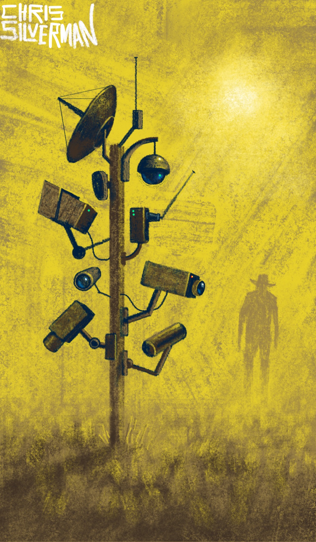 A scene in the middle of a desert: yellow sky; hazy sun; vast, scrubby desert land. Planted in the middle of it is a tall post bristling with surveillance cameras and various forms of antennae. In the distance, approaching it, is the dim silhouette of a figure wearing a cowboy hat. The painting is signed "Chris Silverman".