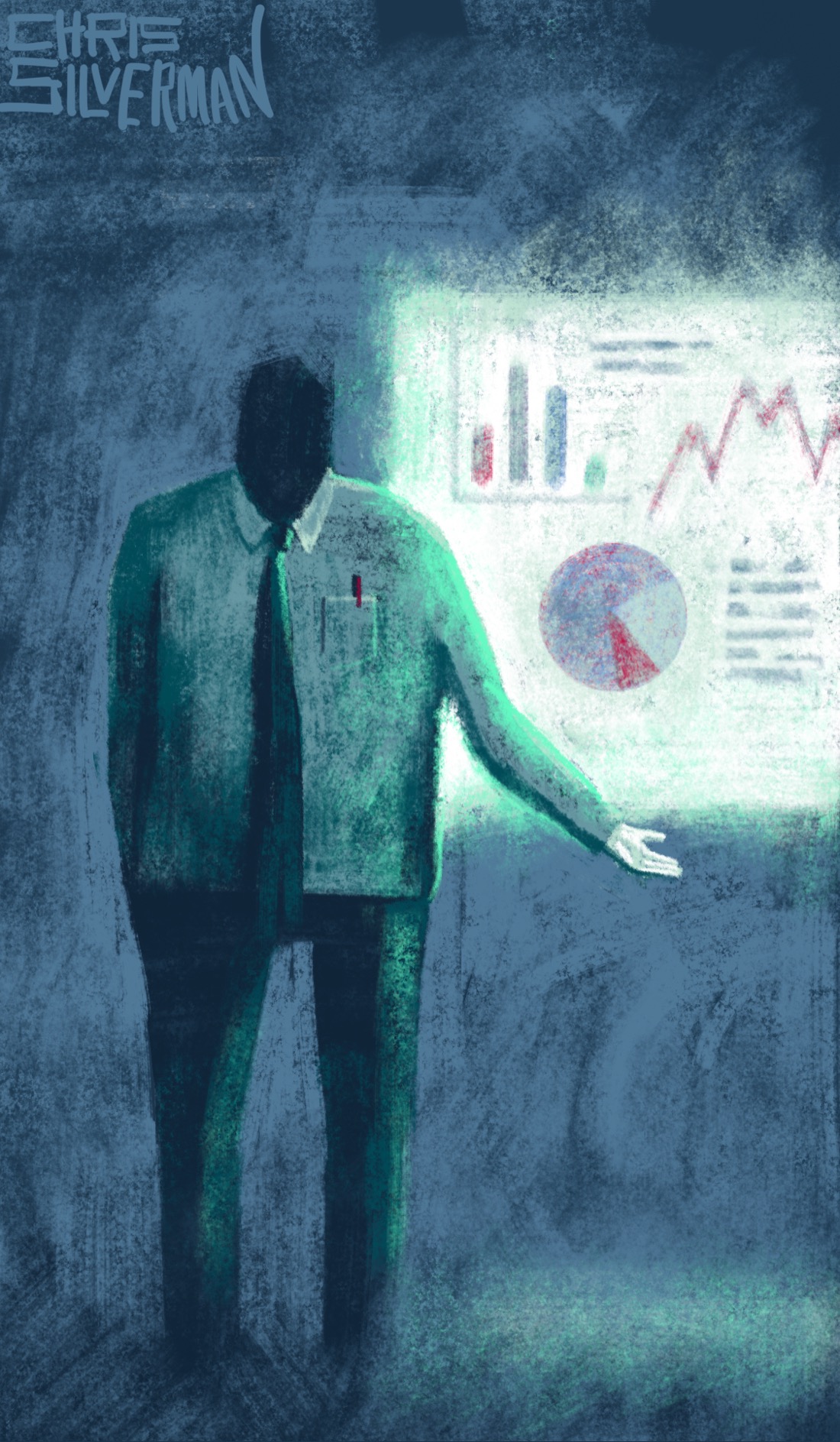 A hulking figure wearing a white shirt and dark tie stands in a dismal, dimly lit space, gesturing to a glowing white screen on which are displayed various dull-colored charts and indecipherable text. The figure has a black hole for a head. The painting is signed "Chris Silverman".