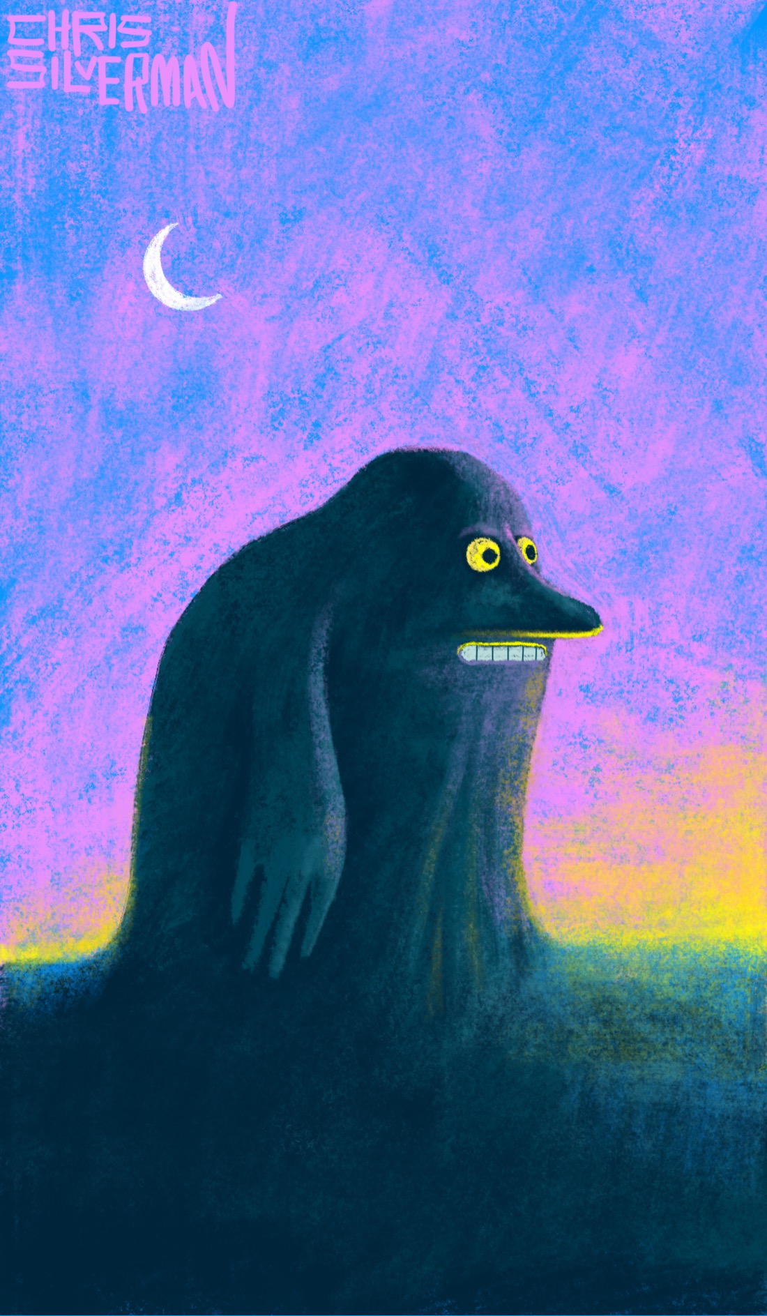 The onset of evening in a barren, flat place. The sky is blue fading to pink, with yellow in the horizon. In the top left is a thin white crescent moon. In the foreground looms the Groke, a vast, dark, hill-shaped creature with a wide nose; staring yellow eyes; and a flat mouth showing teeth. The painting is signed "Chris Silverman".