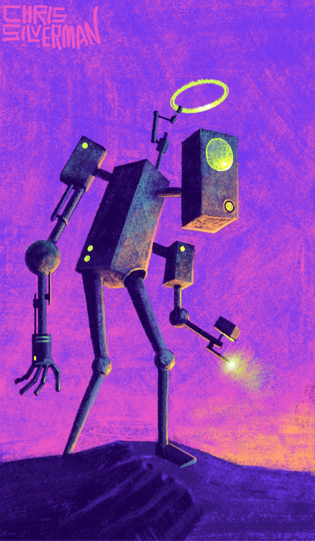A large robot haphazardly constructed from boxes and rods wanders across a purple landscape. The sky is purple, with an orange glow on the horizon. The robot has a number of yellow-green lights on its various parts. The robot's head has a large round green eye, and a neon-green halo attached to its head. At the end of one of its arms is a hand. The other arm has a tool with a glowing light on it. The painting is signed "Chris Silverman".